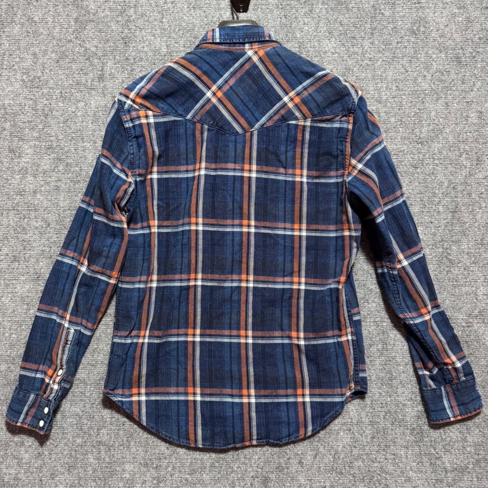 GAP Western Shirt Mens Small Denim Pearl Snap Slim Fit Plaid Dark Wash - Picture 3 of 8